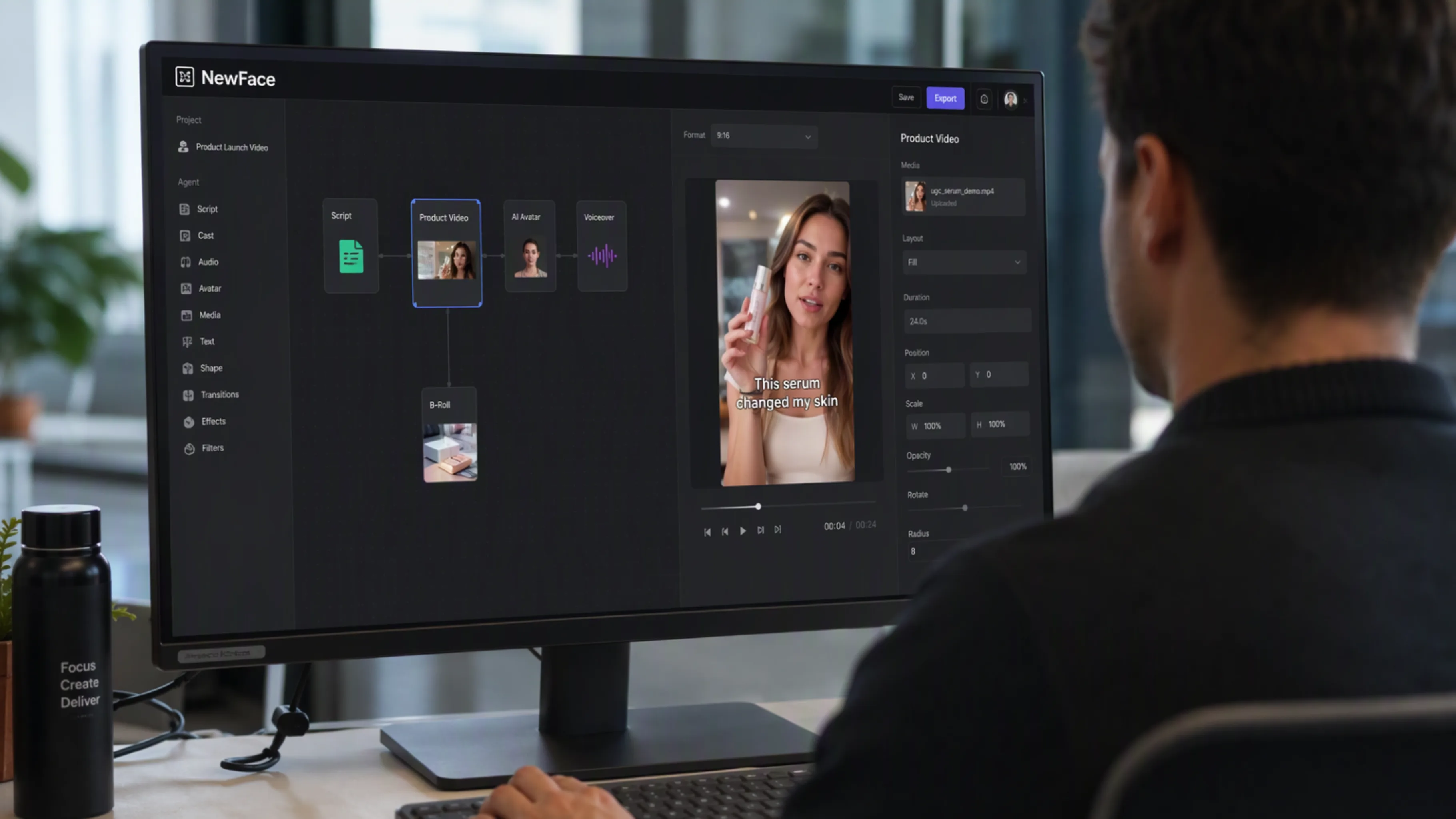 A cinematic storyboard illustrating a NewFace AI video workflow